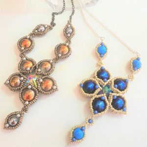 Two Dome Flower necklaces one gold, one blue