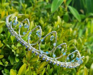 A crystal tiara balanced on a bush